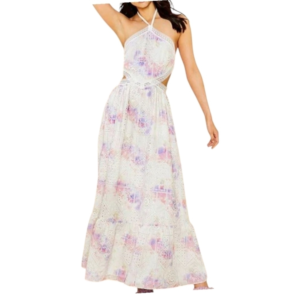 Gianni Bini NWT Size 12 Delaney Embroidered Eyelet Halter Maxi Dress Cut-Out